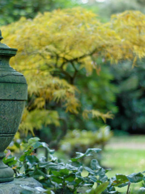 Urne auf herbstlichem Friedhof
