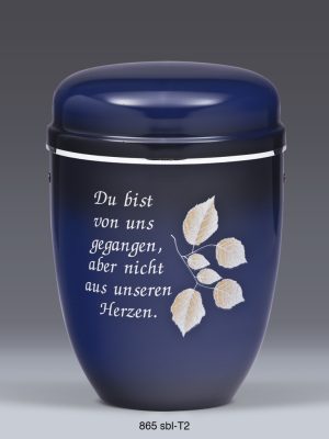 Stahlurne blau schwarz mit Silberband und Blättern Text