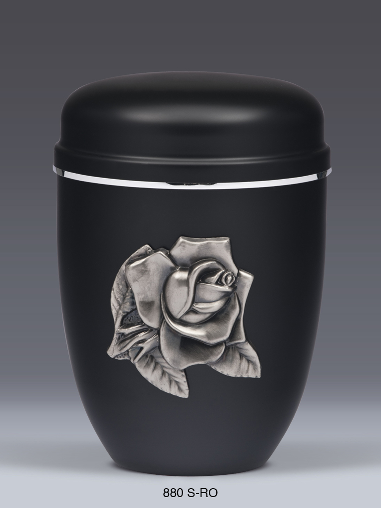Stahlurne schwarz mit silberner Rose